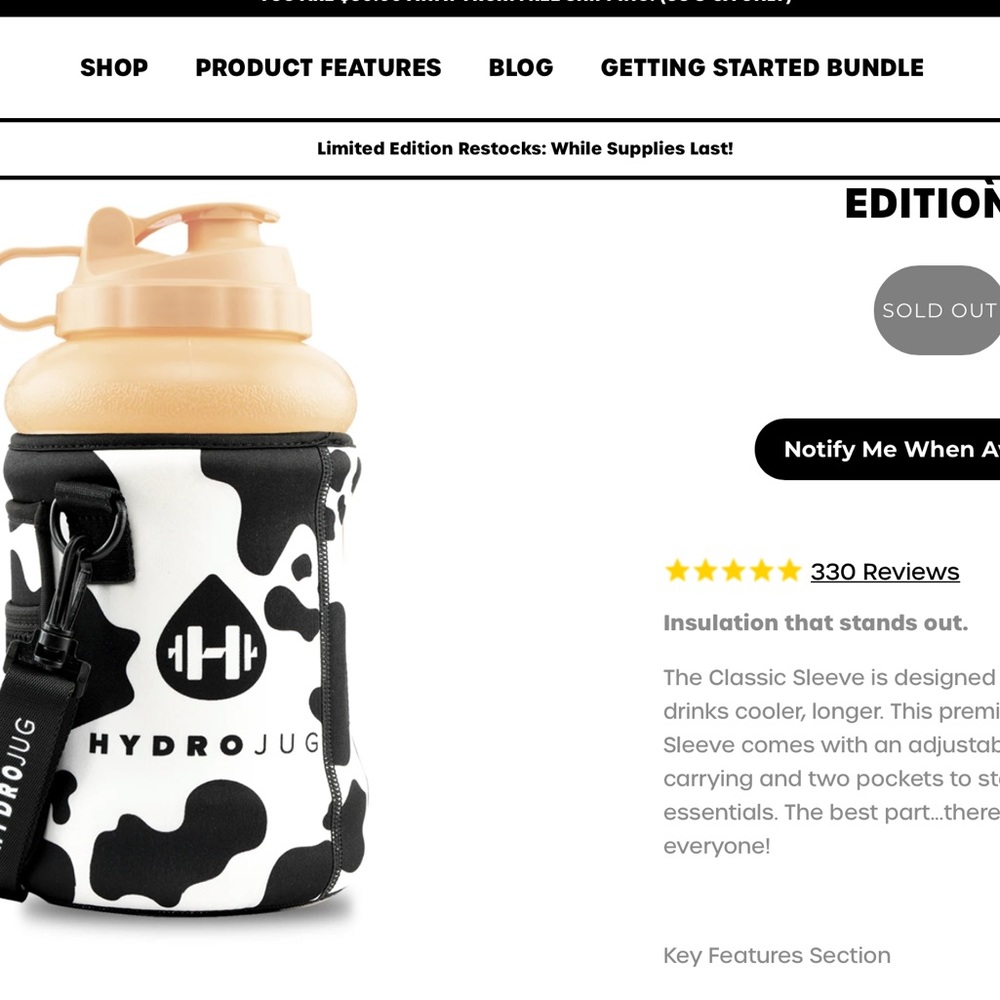 Hydrojug Cow print sleeve NEW